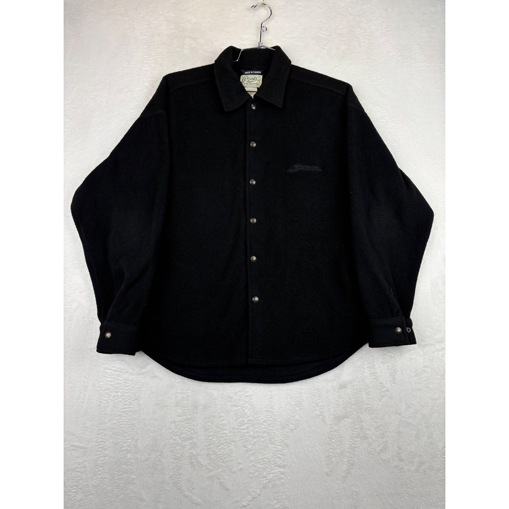 Roots Sporting Goods Mens Large Black Fleece Button Up Shirt Made in Canada Y2K
